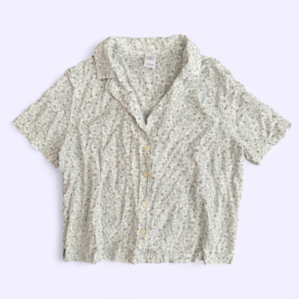 Melrose and Market Floral Rayon Camp Shirt Green Leaf Button Up M